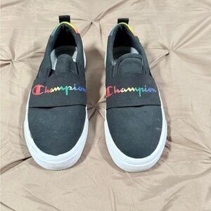 Champion Black Slip-On Sneakers with Rainbow Script Logo